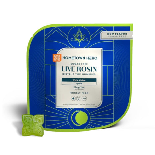 250mg Prickly Pear White Widow hybrid hemp edibles by Hometown Hero, sugar-free Delta-9 live rosin gummies, THC-infused.