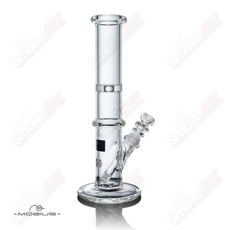 Clear glass waterpipe with a 45-degree angle, crafted by Mobius, featuring a sleek design and intricate details.