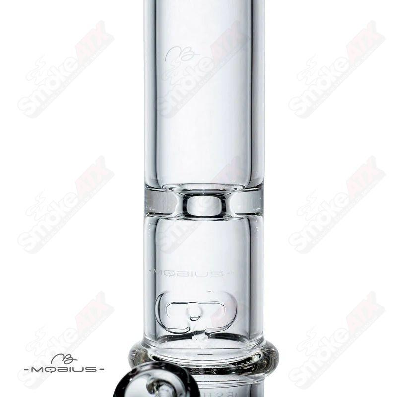 Clear glass waterpipe with a 45-degree angle from Mobius, featuring a sleek design and intricate detailing.