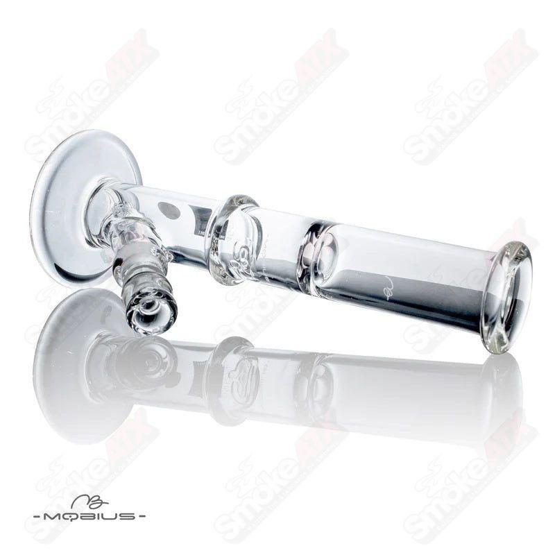 Clear glass waterpipe from Mobius, STR8 45 Mobius model, featuring a sleek, cylindrical design with intricate glass detailing.