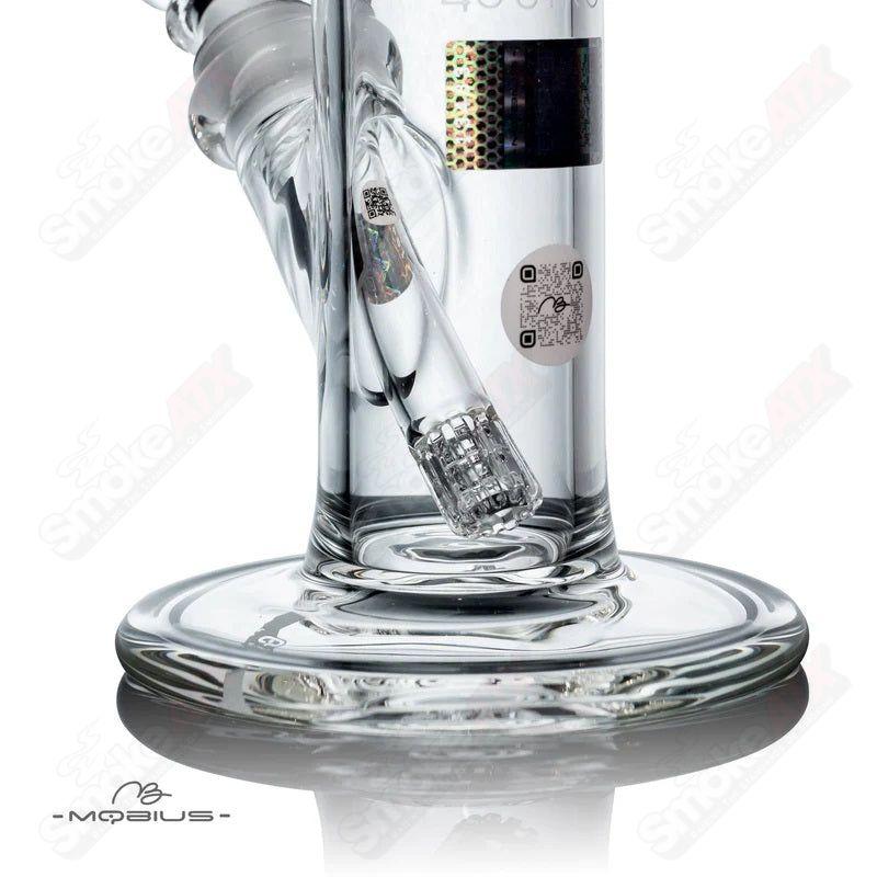 Clear glass waterpipe from Mobius, STR8 45 Mobius model, featuring a sleek design and a wide mouthpiece for smooth smoking.