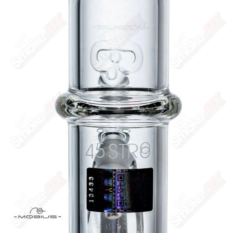 Glass waterpipe by Mobius, STR8 45 model, featuring clear glass design with a 45-degree angle for smooth smoking experience.