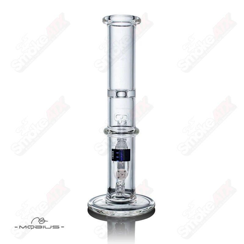 Clear glass waterpipe by Mobius, STR8 45 model, featuring a sleek design and intricate glasswork for smooth water filtration.