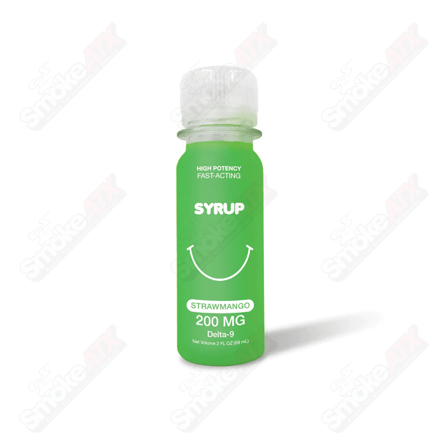 StrawMango 200mg D9 hemp drink by Qwin, 2 fl oz, featuring a vibrant straw mango flavor and THC content.