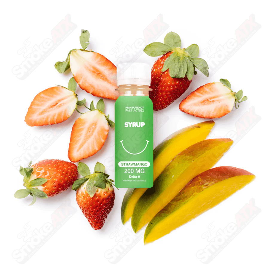 StrawMango 200mg D9 hemp drink by Qwin, 2 fl oz, featuring a mango and straw flavor, THC-infused cannabis beverage.