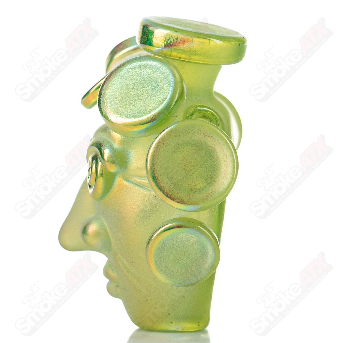 Sunset Slyme face pendant with dichroic spray by JMass, featuring vibrant colors and intricate glass art from Josh Mazet collaboration.
