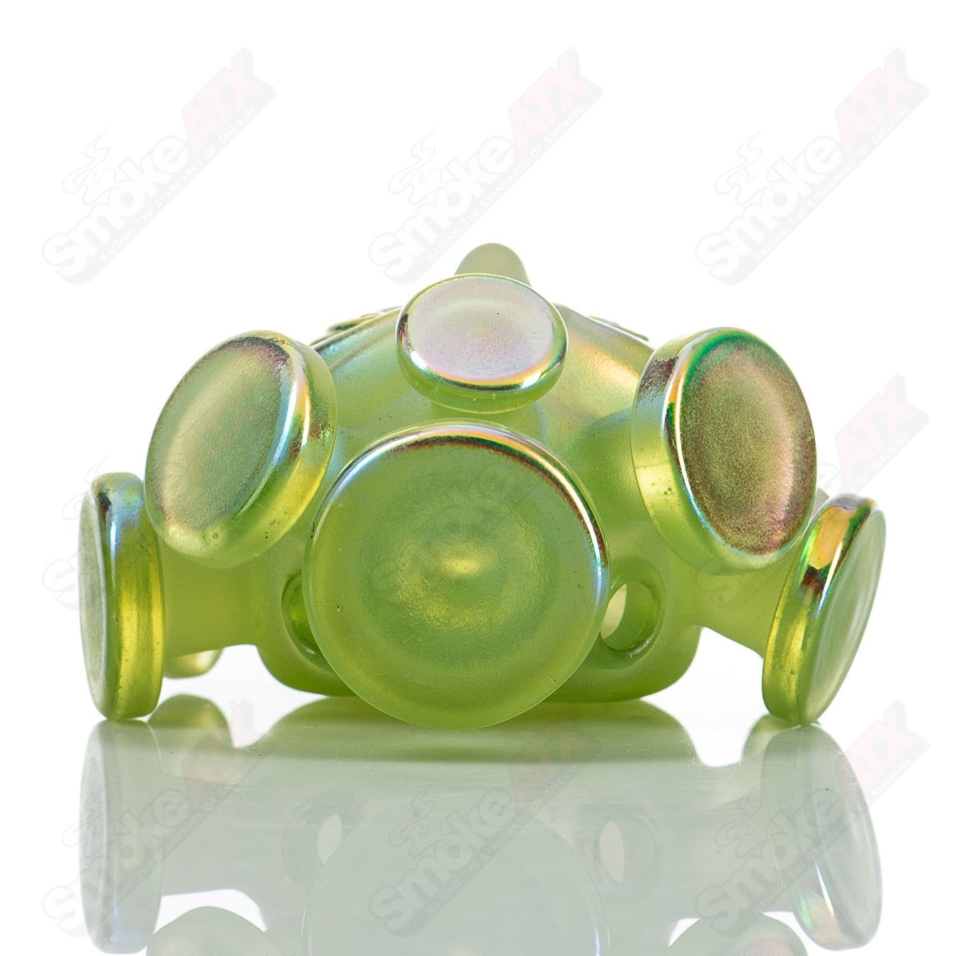 Heady glass Sunset Slyme face pendant with dichroic spray by JMass, featuring vibrant colors and intricate glasswork.