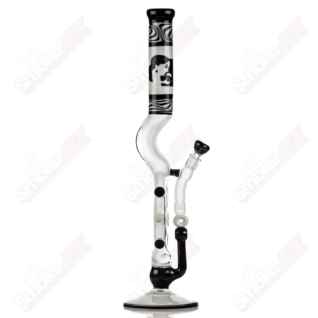 Swiss Perc 1 of 1 B&W XXL Classic heady glass with Dizzle, KurtB, and CaC, featuring intricate black and white design.