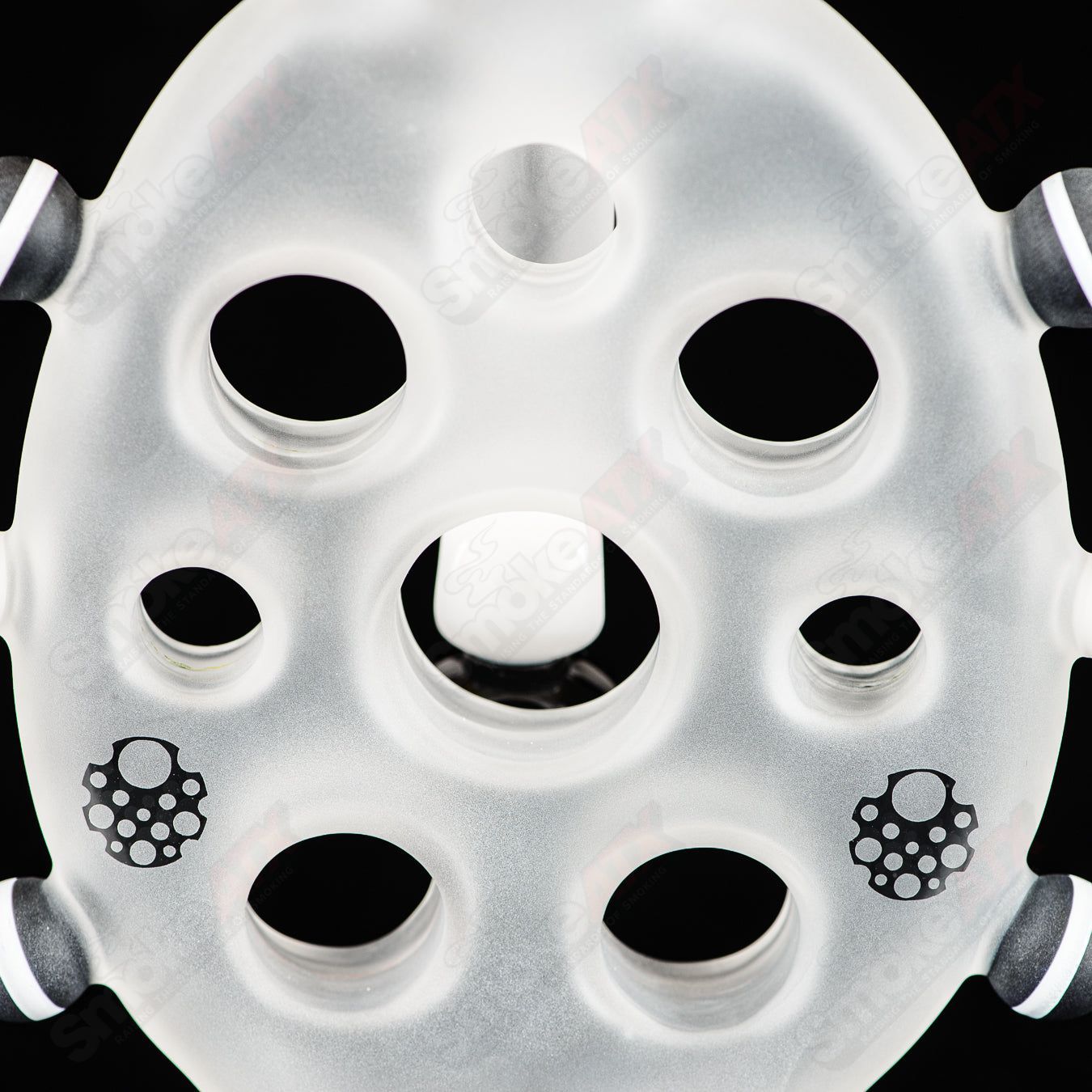 Swiss Perc 1 of 1 B&W XXL Classic heady glass bong with Dizzle, KurtB, and CaC artwork in vibrant black and white design.