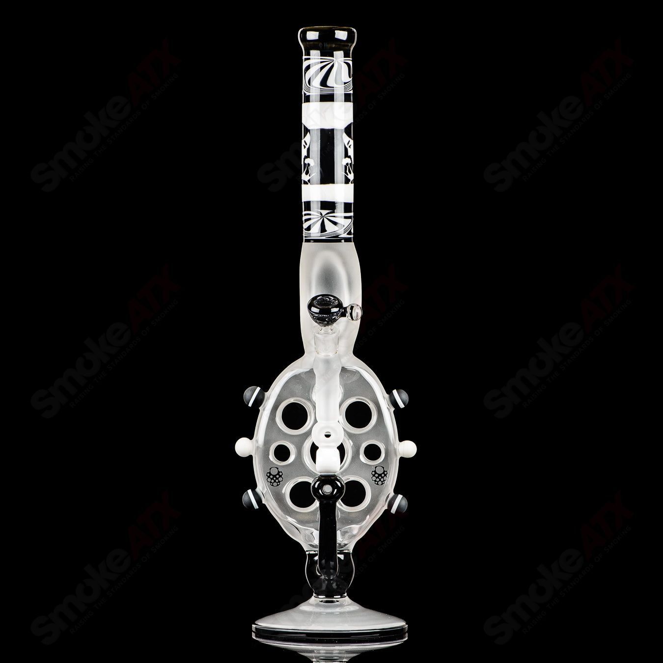 Swiss Perc 1 of 1 B&W XXL Classic heady glass with Dizzle, KurtB, and CaC, featuring intricate black and white glasswork.