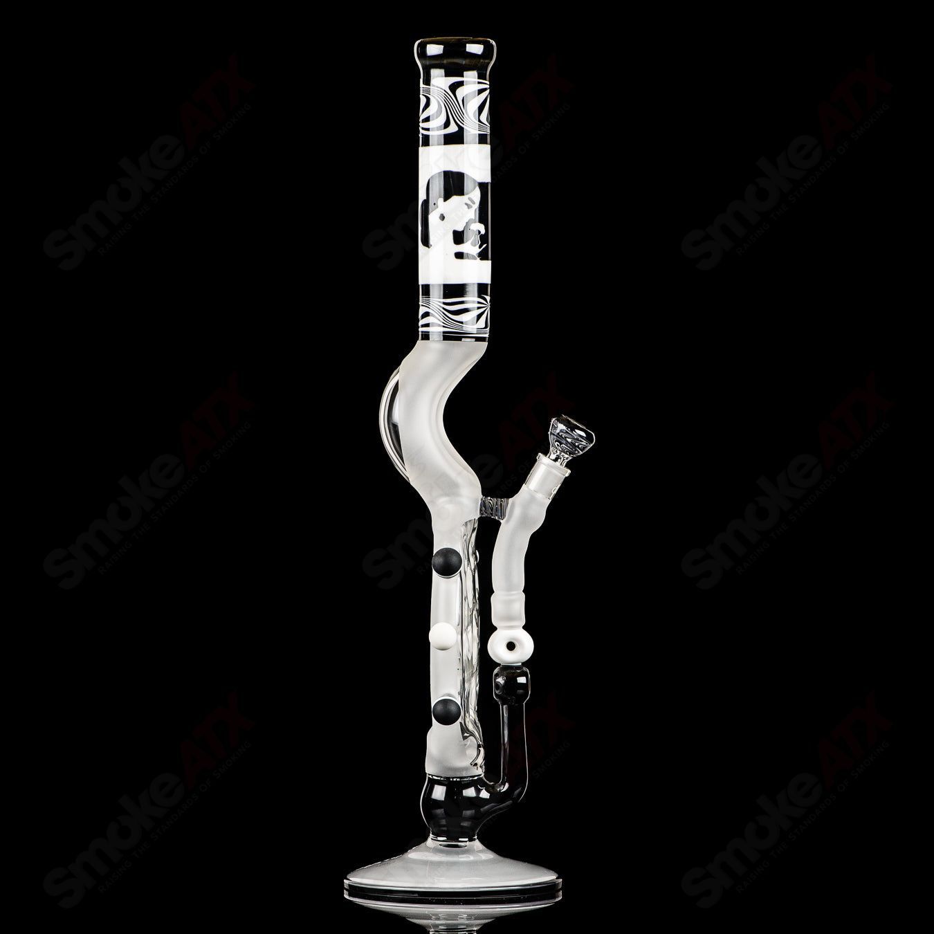 Swiss Perc 1 of 1 “B&W” XXL Classic heady glass pipe with Dizzle, KurtB, and CaC artwork, showcasing intricate glass design.