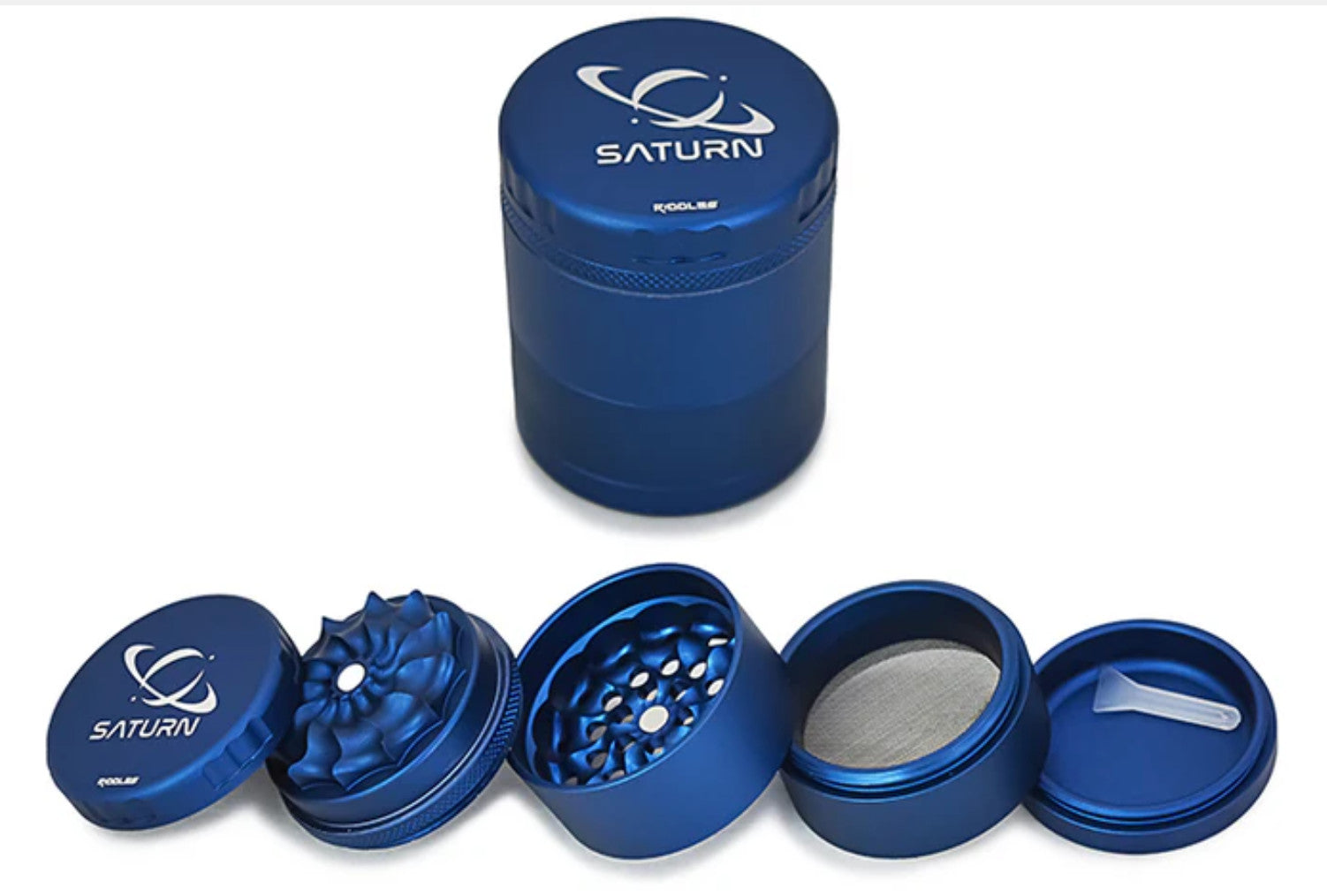Riddles 50mm Saturn Grinder Mill with five-piece set, stainless steel grinder for herbs and spices, compact and durable design.