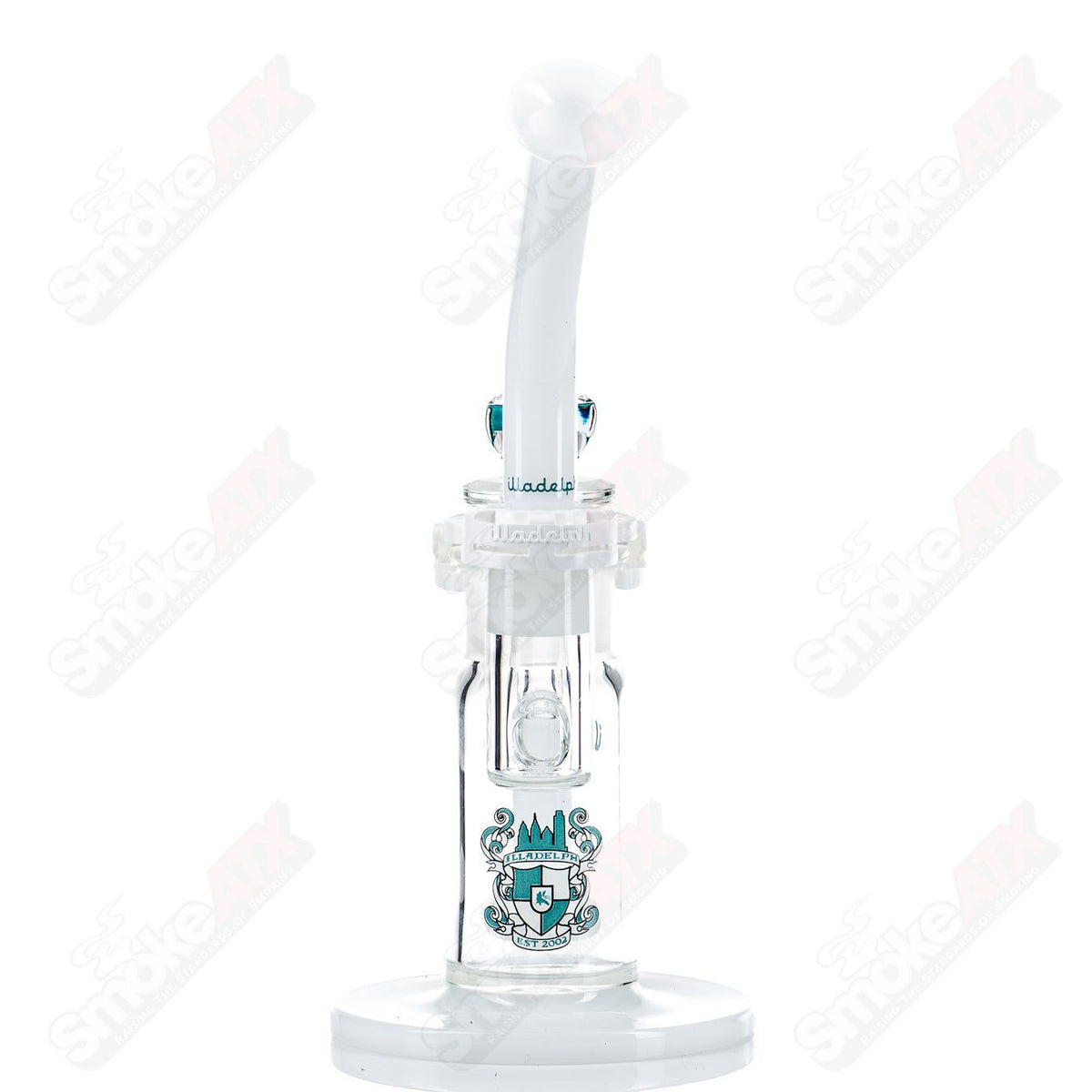 Teal Illadelph glass waterpipe bubbler with a sleek design and clear accents, perfect for smooth smoking experiences.