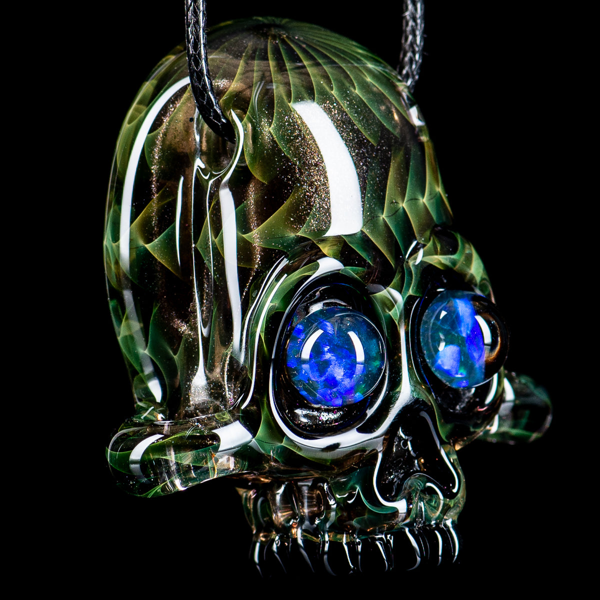 Akm X F-Time signed 2015 heady glass pendant featuring intricate glasswork and vibrant colors on a clear pendant.