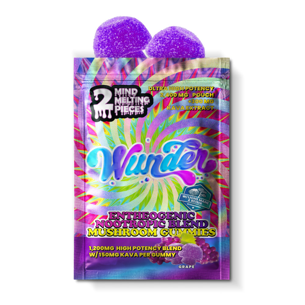 Wunder 1200mg Grape Mushroom Edibles Nootropic Gummies with vibrant purple grape flavor and colorful gummy shapes.