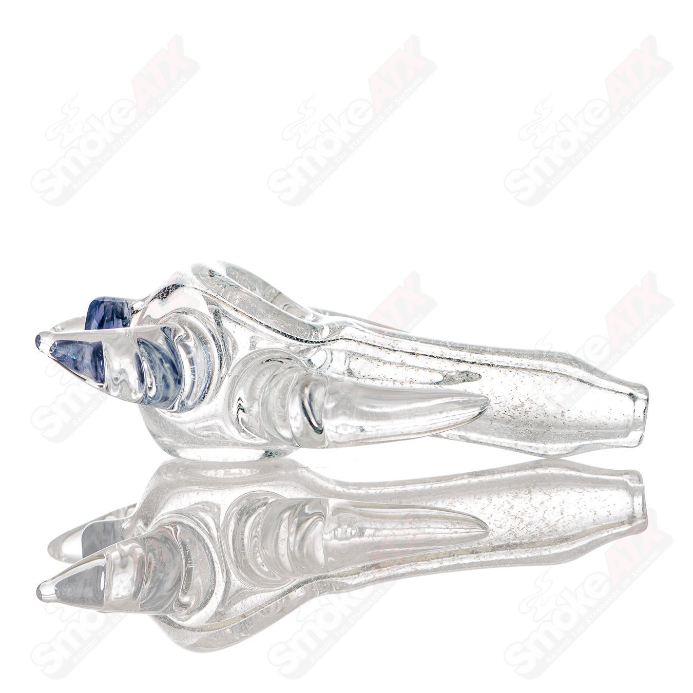 Transparent Dichro 4-Horned Glass Spoon Pipe with purple accent and JMK Glass signature, hand-crafted for unique style.