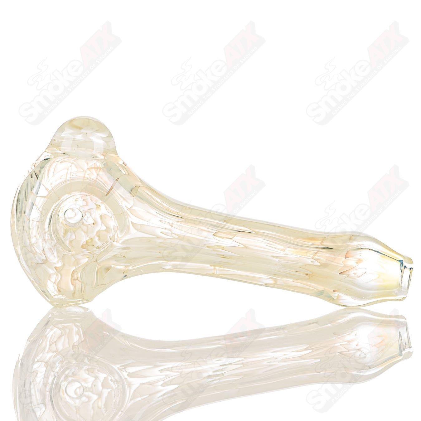 Transparent Wrap n Rake signed spoon pipe by JMK Glass, clear glass with intricate wrap and rake design.
