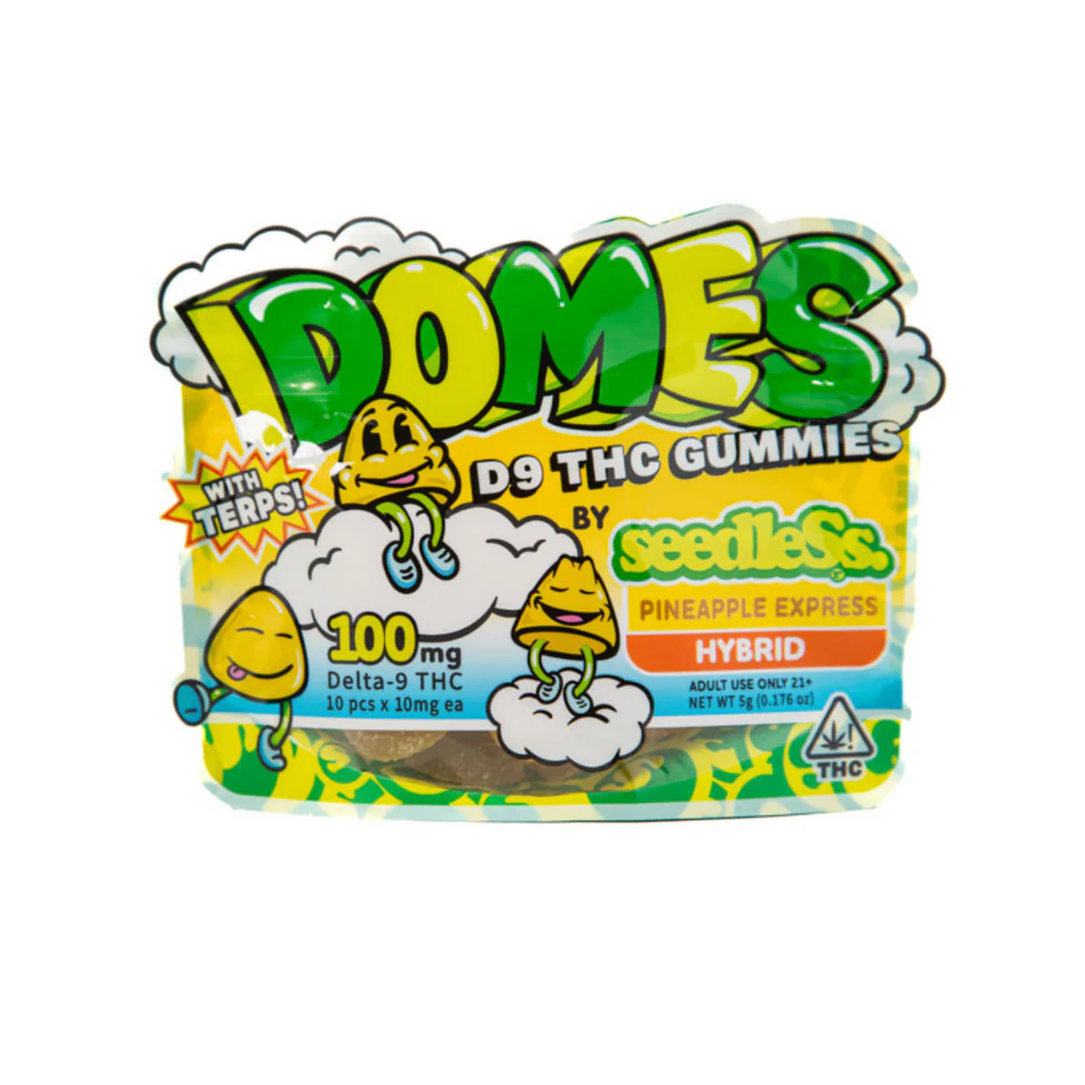 Pineapple Express Hybrid THC gummies by Seedless, 100mg, featuring vibrant pineapple-themed packaging.