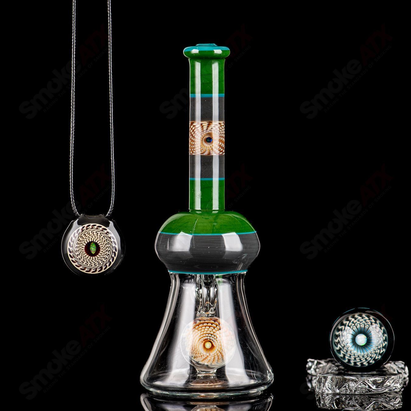 Yunk Glass straight heady glass tube with marble pendant set, featuring clear glass design and decorative marble accents.