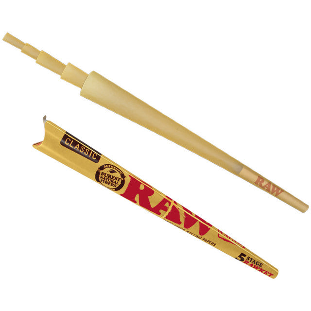 Raw 5-Stage Rawket Cone from RAW 420 Products with detailed rolling paper design and natural brown color, ready for rolling.