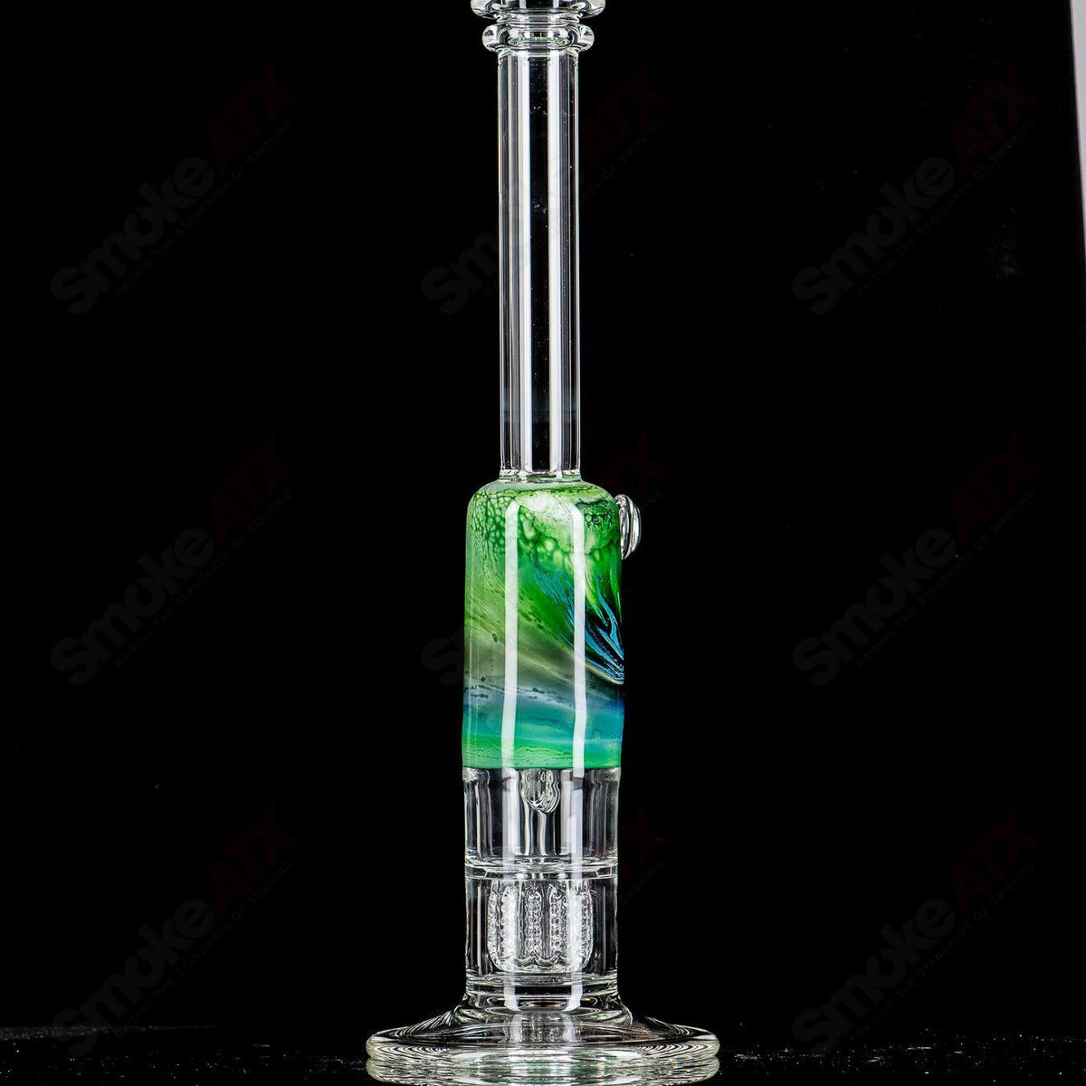 14-inch green, white, and blue fade Apolocoline straight glass tube with 14mm bowl by Dirty Rico Glass, featuring vibrant color design.