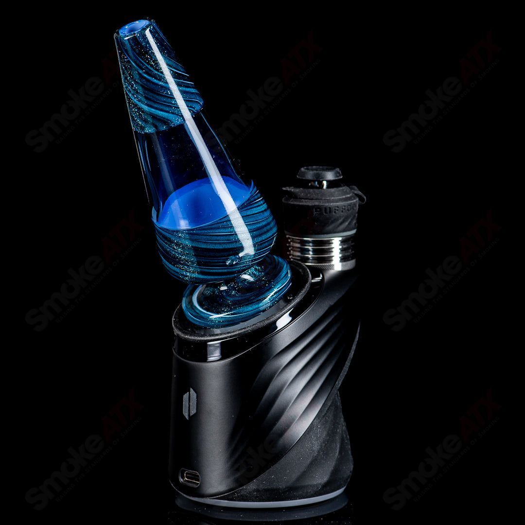 Blue Puffco Peak Dry Top glass accessory by American Helix X Indo, featuring a clear glass design with blue accents.