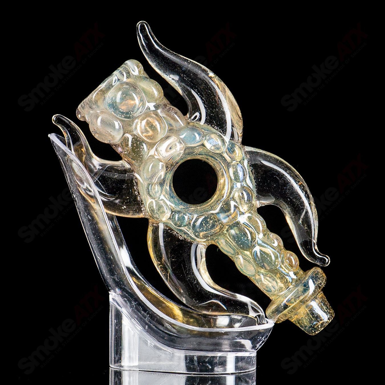 Glass pipe from JMK Glass, #2 Shapely Fumed Chillum with a smooth, curved design and reflective fumed finish.