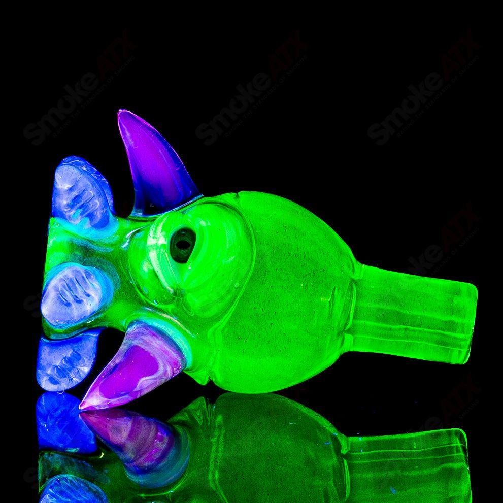 UV glow bubble cap for dab rigs by Salt Glass, featuring vibrant Ectoplasm, Paparazzi, Citrine, Telemagenta, Lucy, and Atomic Stardust designs.