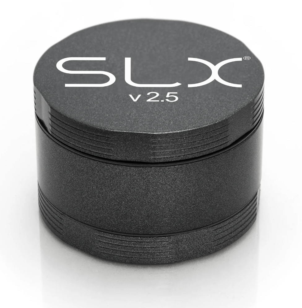 SLX v2.5 4-piece 2-inch charcoal metal grinder with durable construction and multiple chambers for grinding herbs.
