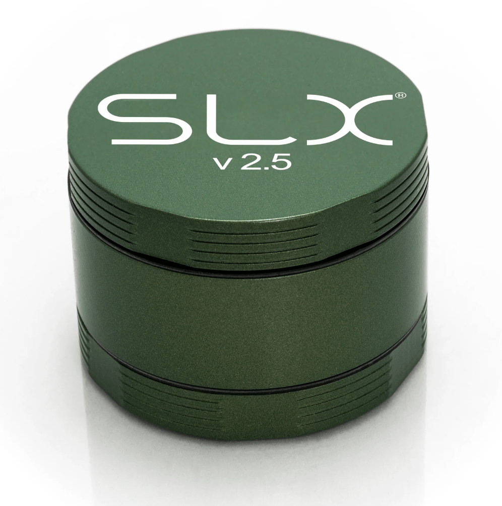 SLX v2.5 4-piece 2-inch leaf green metal grinder for herbs and spices, featuring durable construction and sharp grinding teeth.