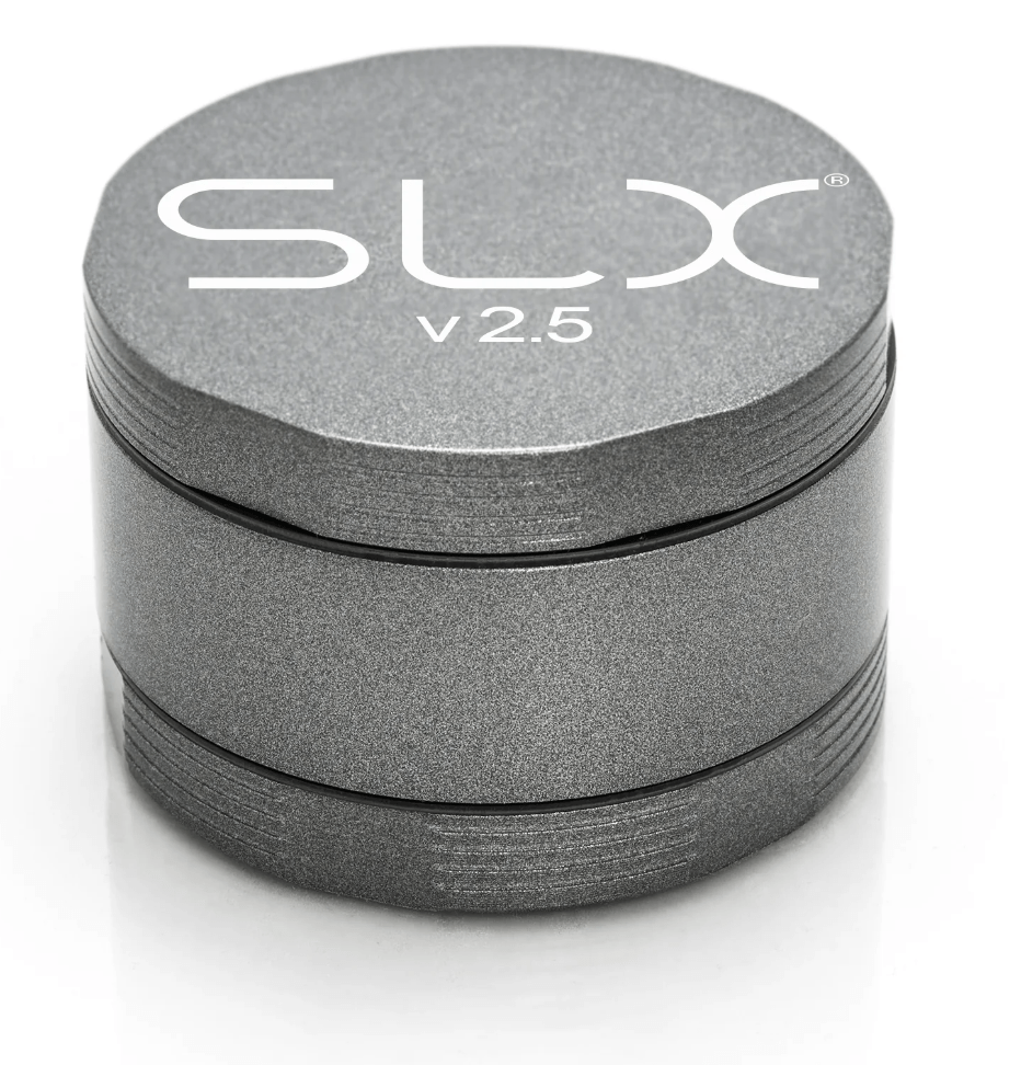 Silver SLX v2.5 4-piece 2-inch metal grinder with sharp teeth and textured grip, designed for efficient grinding.