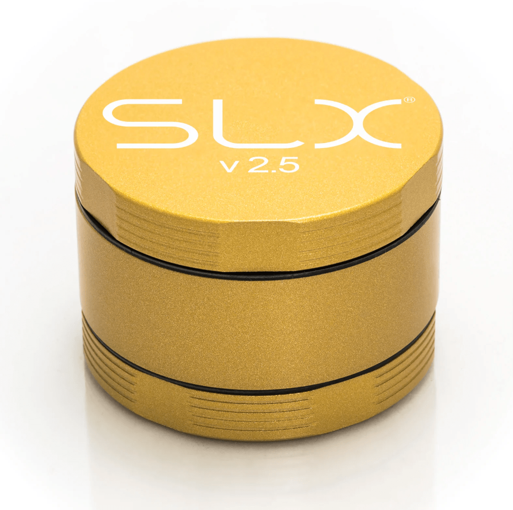 Yellow gold SLX V2.5 4-piece 2-inch metal grinder for 420 products, featuring durable construction and multiple compartments.