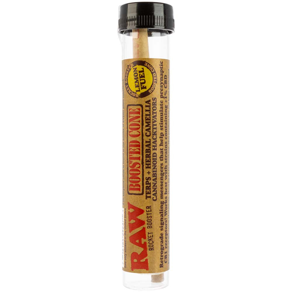 RAW Lemon Fuel Boosted Cone Rocket Booster for 420 products, showing the cone with lemon flavor branding and detailed packaging.