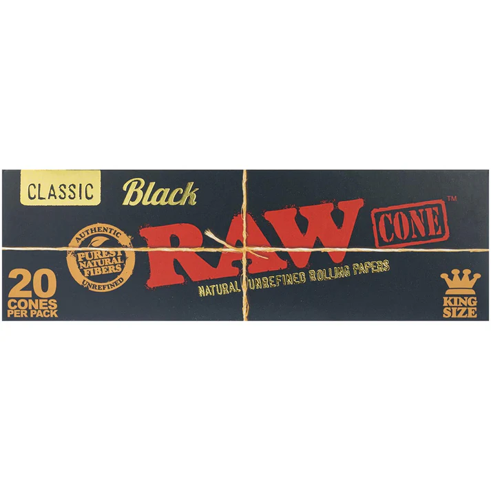 Twenty RAW Black King Size Cones for rolling, featuring natural, unbleached paper designed for smooth, even burns.