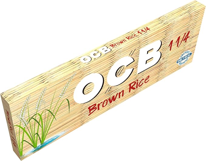 Brown rice papers by OCB, 1 1/4 size, ideal for rolling, shown in a close-up image of the rolling papers package.
