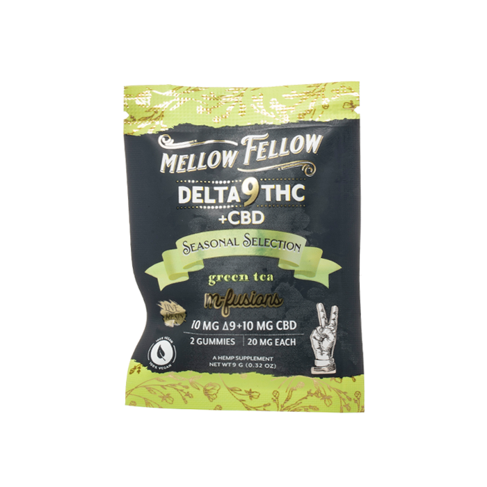Green Tea Seasonal Selection D9 and CBD infused gummies by Mellow Fellow, hemp edibles with green tea flavor and vibrant packaging.