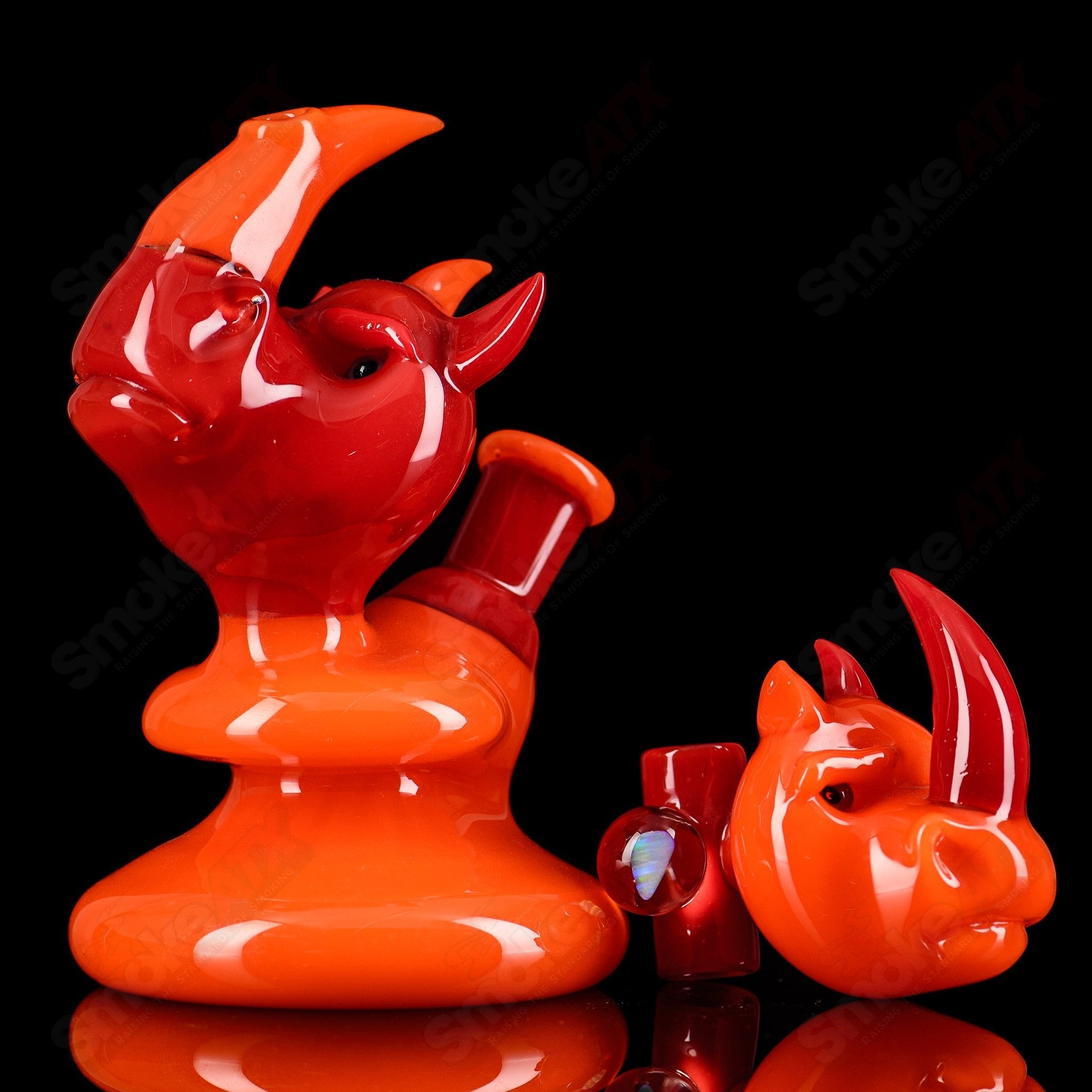 Domino Rhino Rig and Pendant Set, heady glass concentrate rig with intricate design and matching pendant, for dabbing and vaporizing.