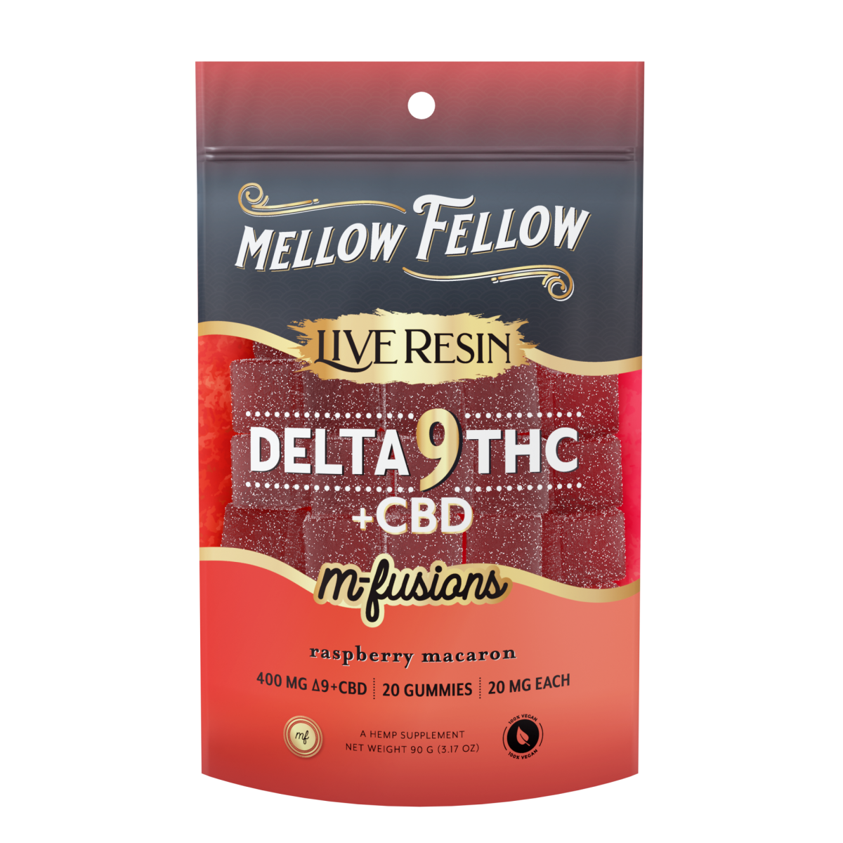 Mellow Fellow Strawberry Cheesecake D9+CBD hemp gummies, 400mg, 20 count, with strawberry cheesecake flavor and edible form.