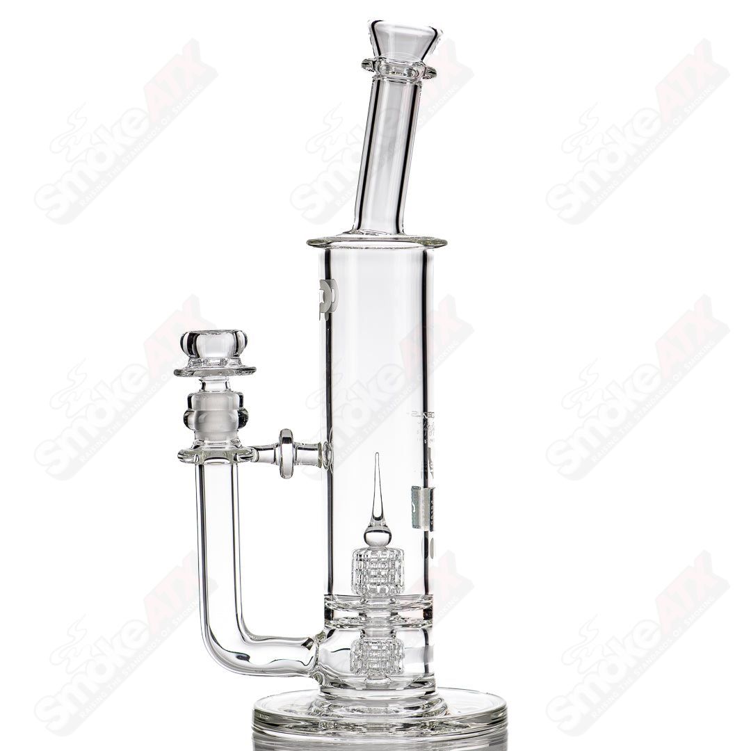 Mobius 50T Stereo Matrix V6 Clear Glass Waterpipe with Mobius branding, showcasing intricate design and high-quality craftsmanship.