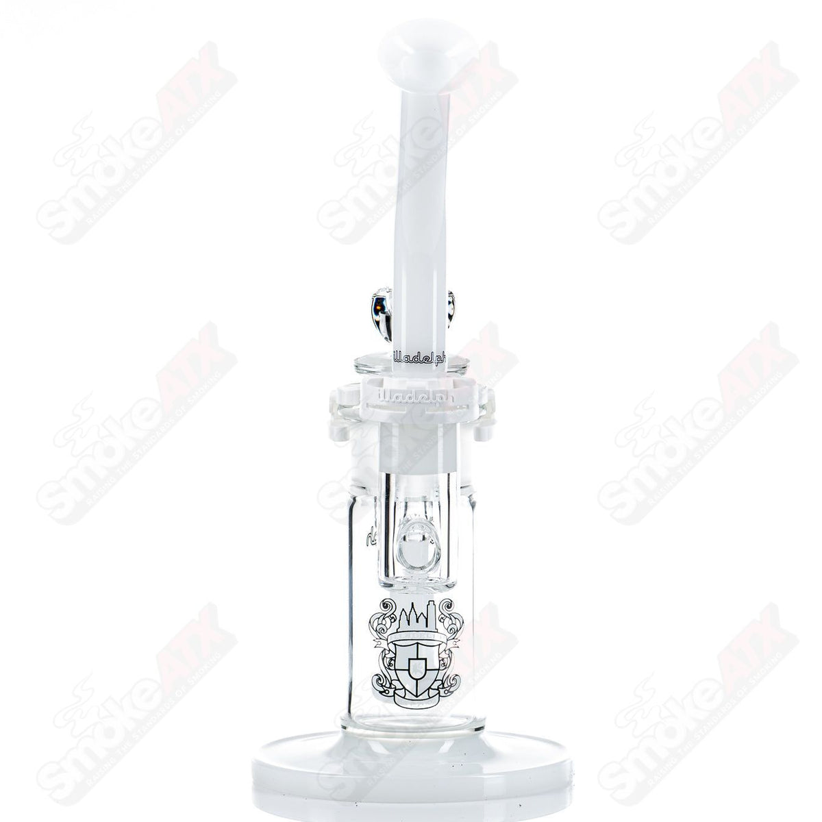 White Illadelph glass waterpipe bubbler with clear accents, featuring a rounded shape and sturdy base for smooth smoking experience.
