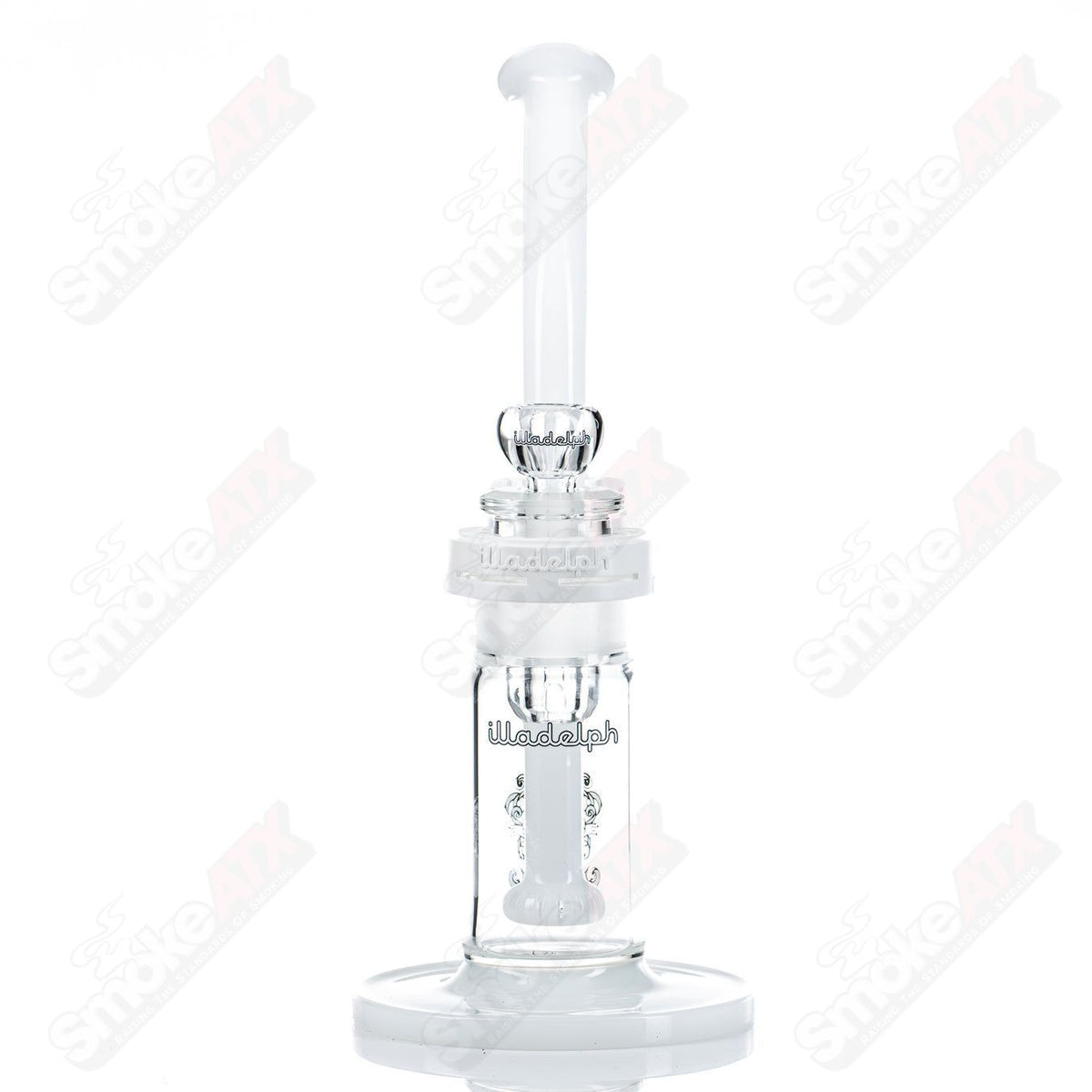 White Illadelph waterpipe bubbler made of glass, featuring a sleek design with a white finish and intricate glasswork.