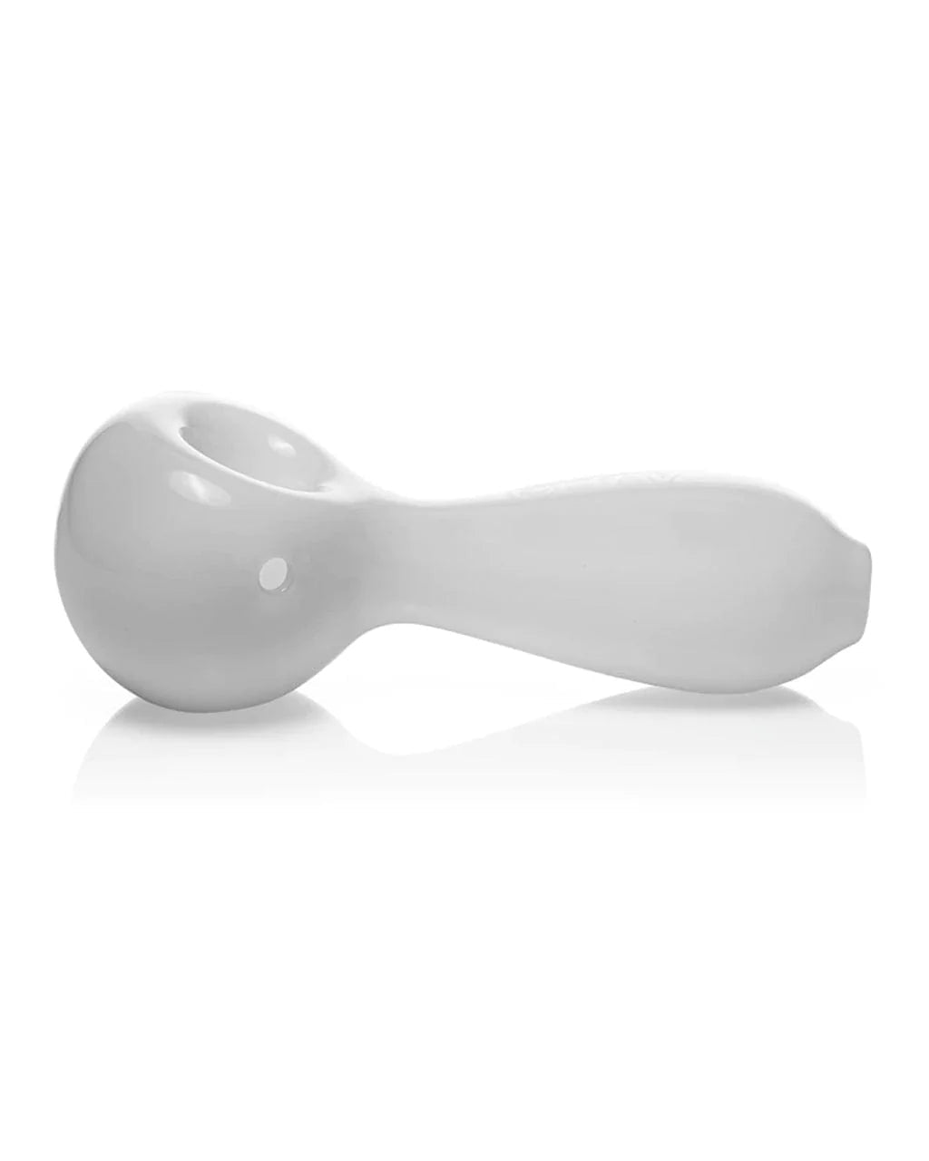White large spoon-shaped glass pipe by Grav, designed for smoking, with a smooth, clear glass finish and functional bowl.