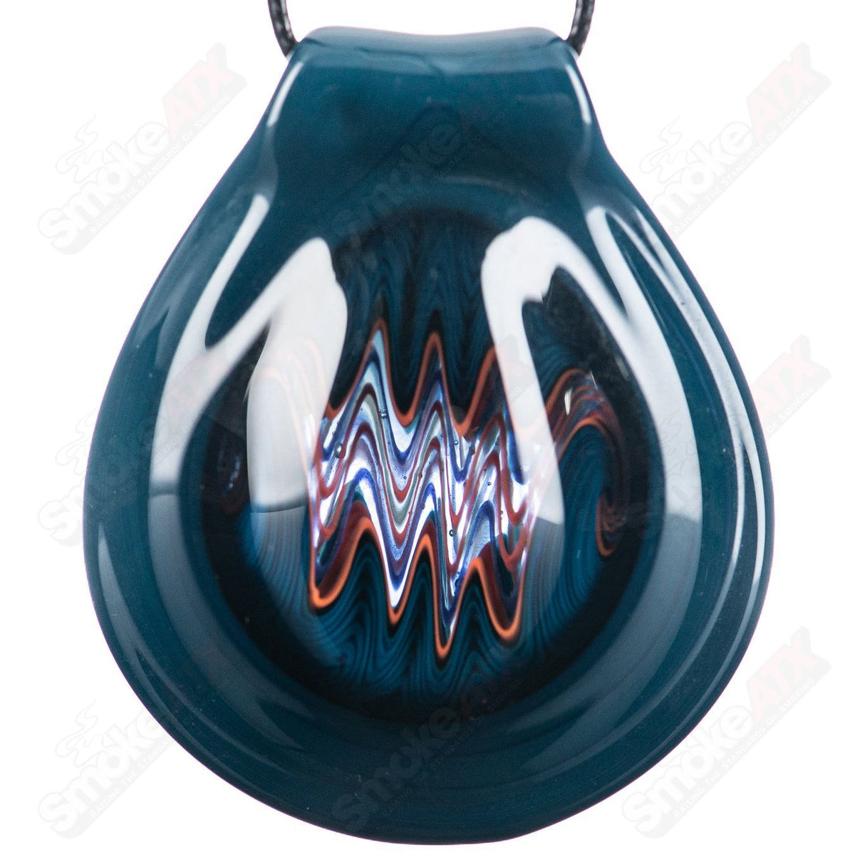 Colorful Wig Wag Pendant by J G Glass, handcrafted glass jewelry with vibrant patterns and a smooth, rounded shape.