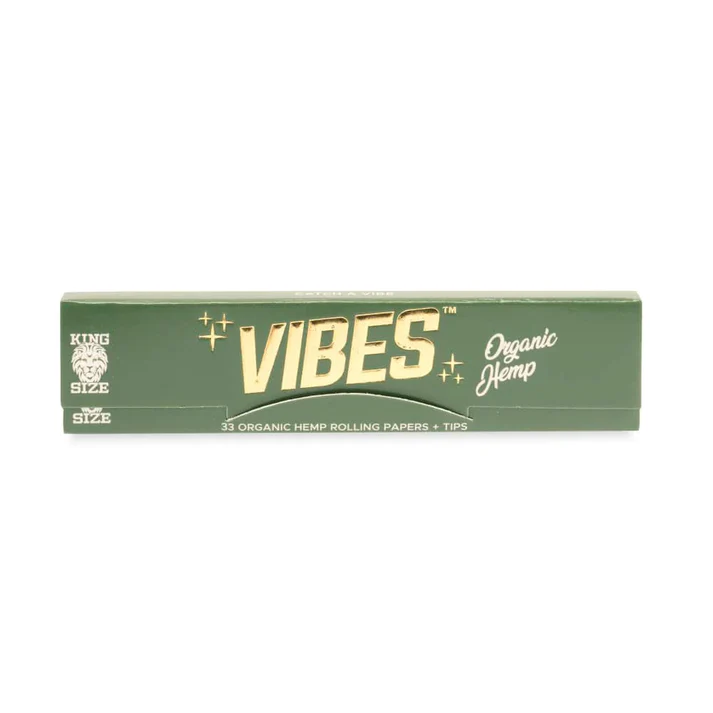Organic hemp King Size rolling papers with tips by Vibes, ideal for rolling cigarettes or herbal blends.