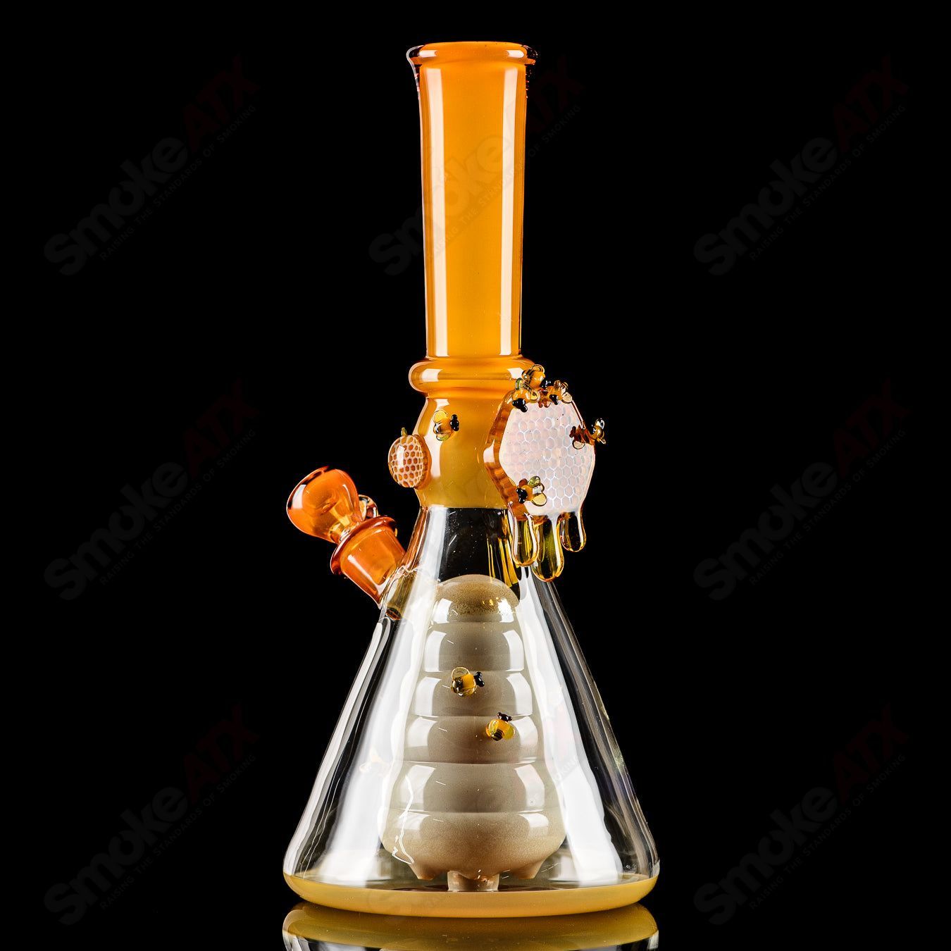 Joe P Glass Worked Bee Hive Beaker 2023, a handcrafted heady glass beaker with intricate bee hive design and vibrant colors.