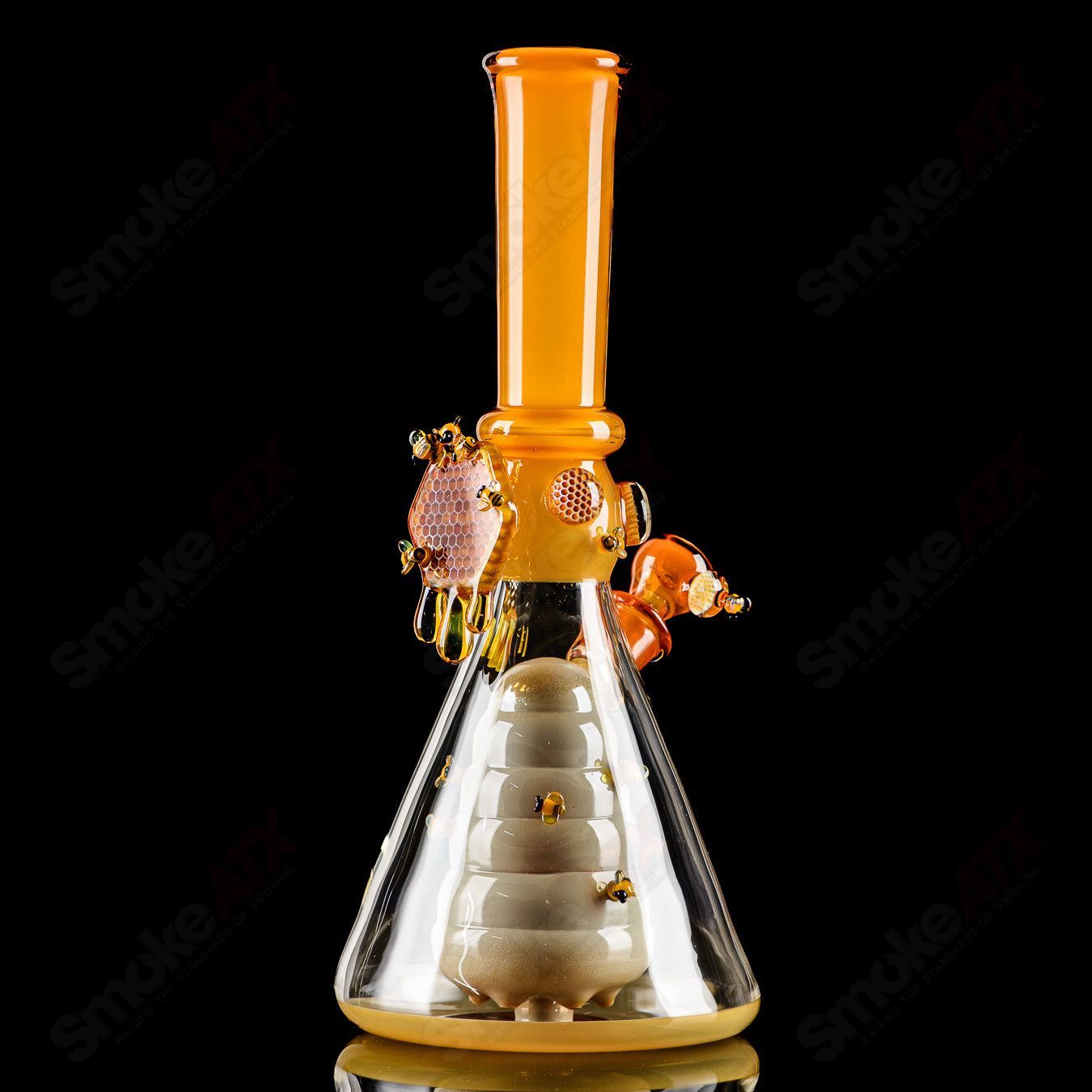 Worked Bee Hive Beaker by Joe P Glass, 2023, a colorful heady glass beaker with intricate bee hive design and vibrant glasswork.