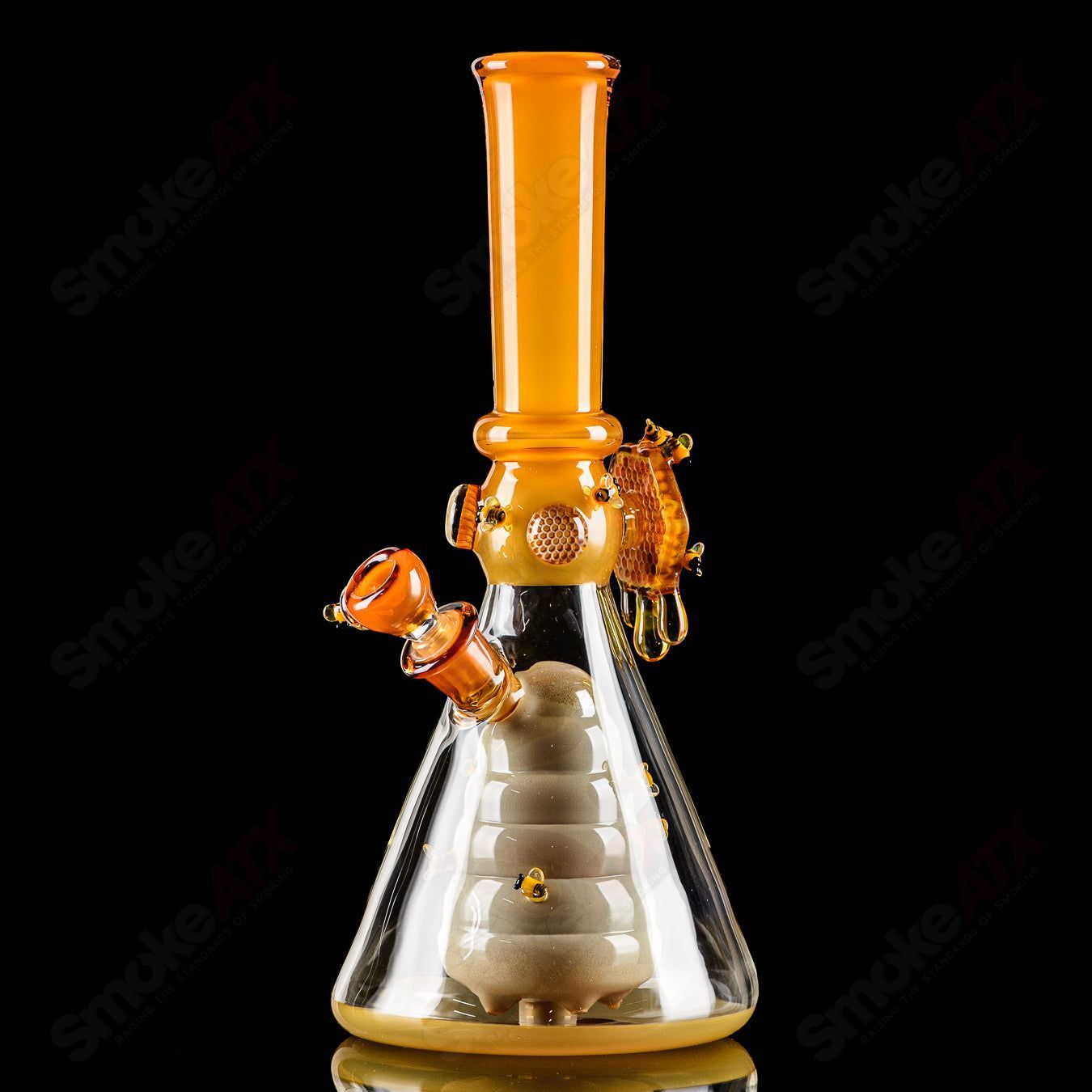 Worked Bee Hive beaker by Joe P Glass, 2023, featuring intricate honeycomb glasswork in a heady beaker style.