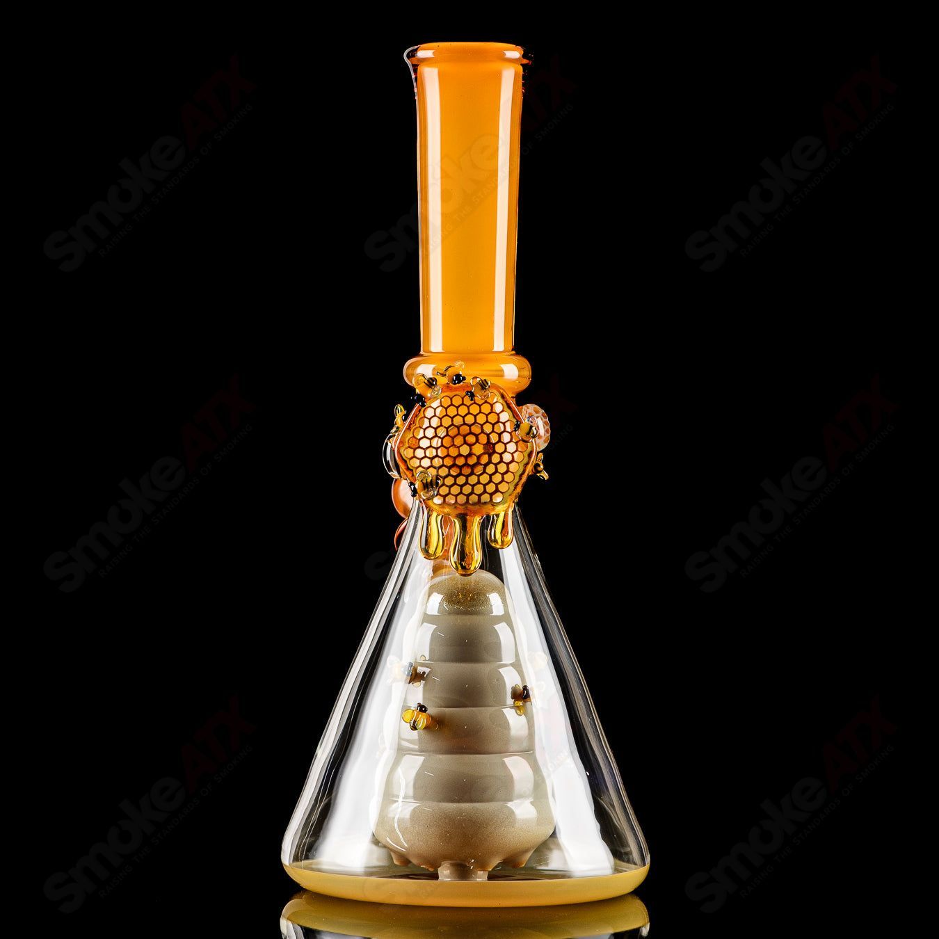 Worked Bee Hive Beaker by Joe P Glass, a colorful heady glass beaker with intricate hive pattern and vibrant glasswork.