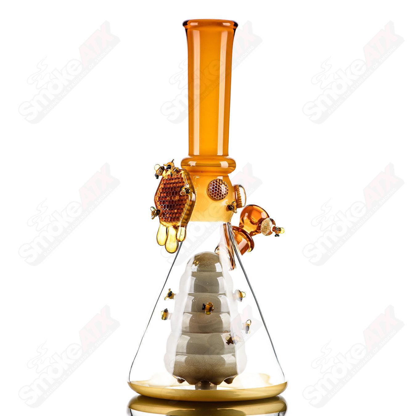 Worked Bee Hive Beaker by Joe P Glass, 2023, featuring intricate bee hive patterns on a heady glass beaker.