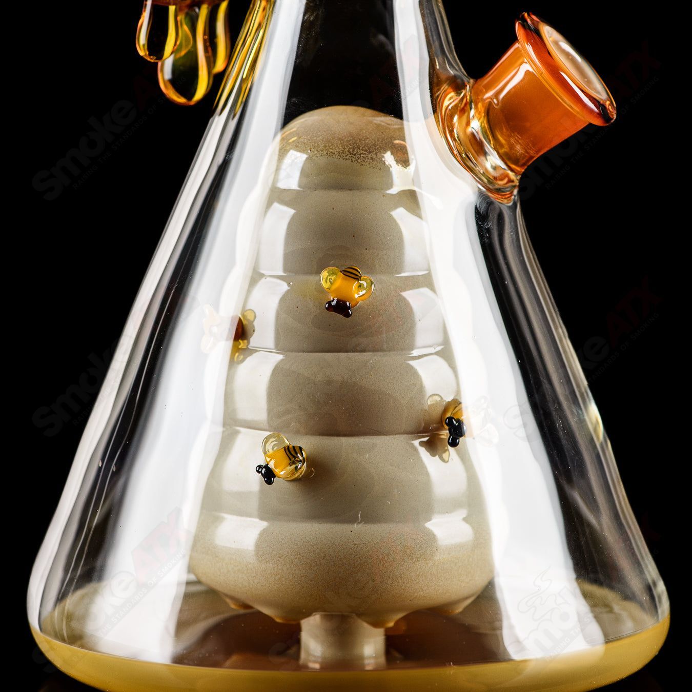Joe P Glass Worked Bee Hive Beaker 2023, colorful heady glass beaker with intricate bee hive design and vibrant glasswork.